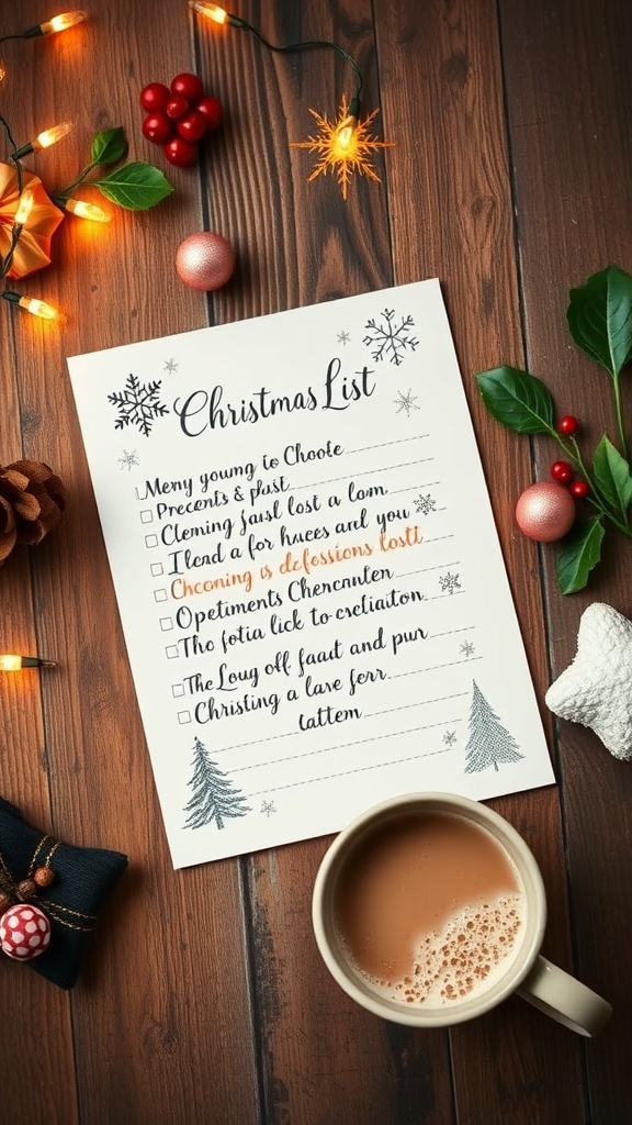 Aesthetic Christmas List Ideas A beautifully crafted Christmas list with illustrations, surrounded by holiday decorations and a cup of cocoa.